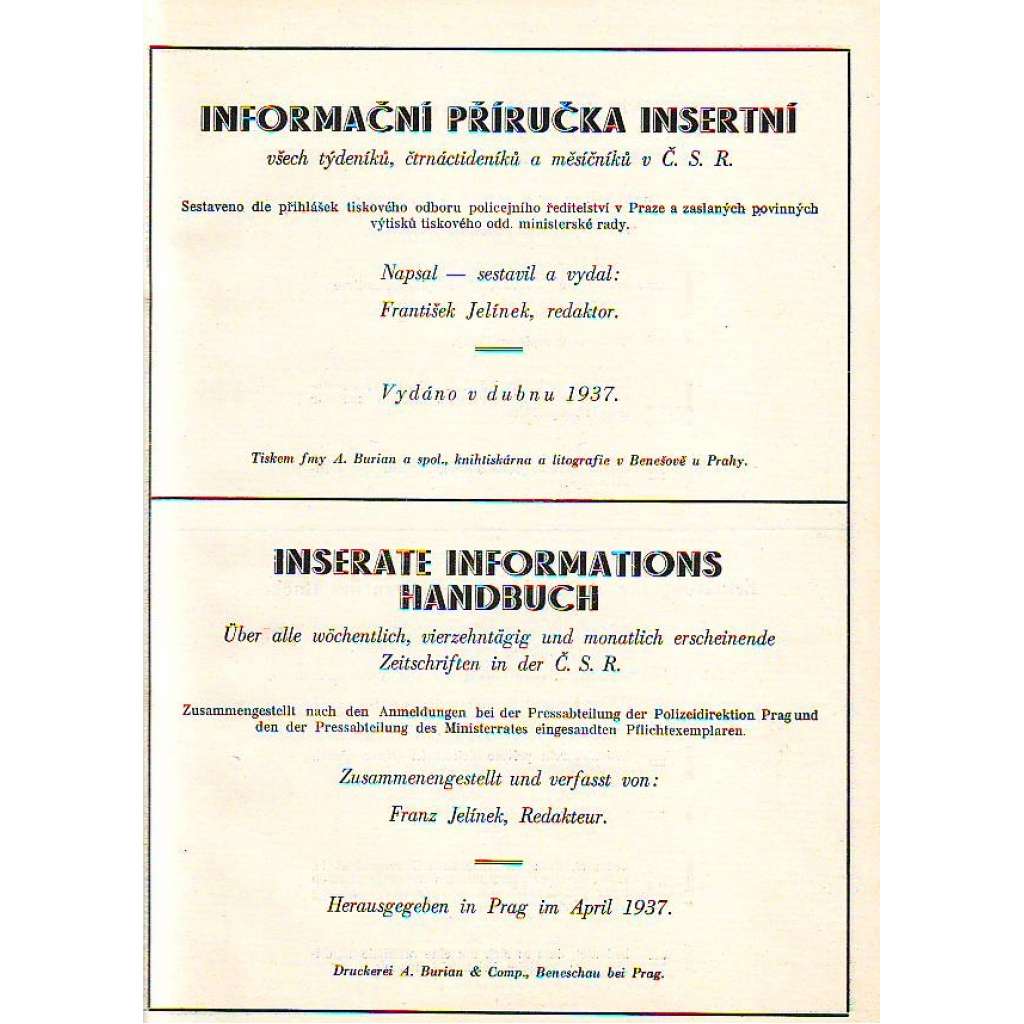 Informační příručka insertní všech týdeníků, čtrnáctideníků a měsíčníků v Č.S.R. (Žurnalistika, periodika, první republika, adresář)